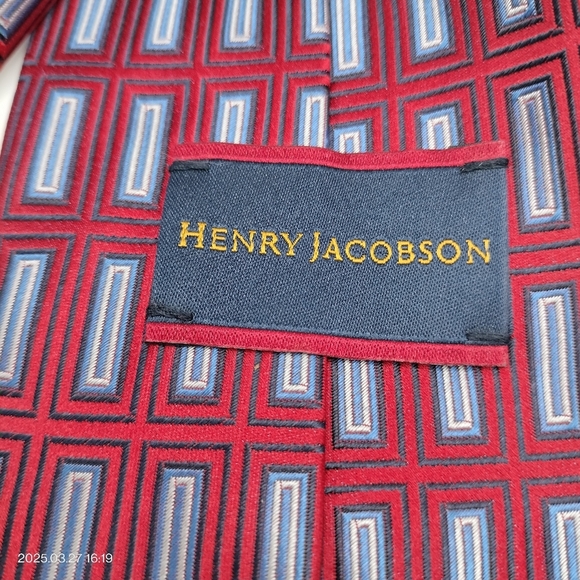Henry Jacobson Tie Necktie Silk Hand Made Red Blue Geometric Pattern - Picture 2 of 9